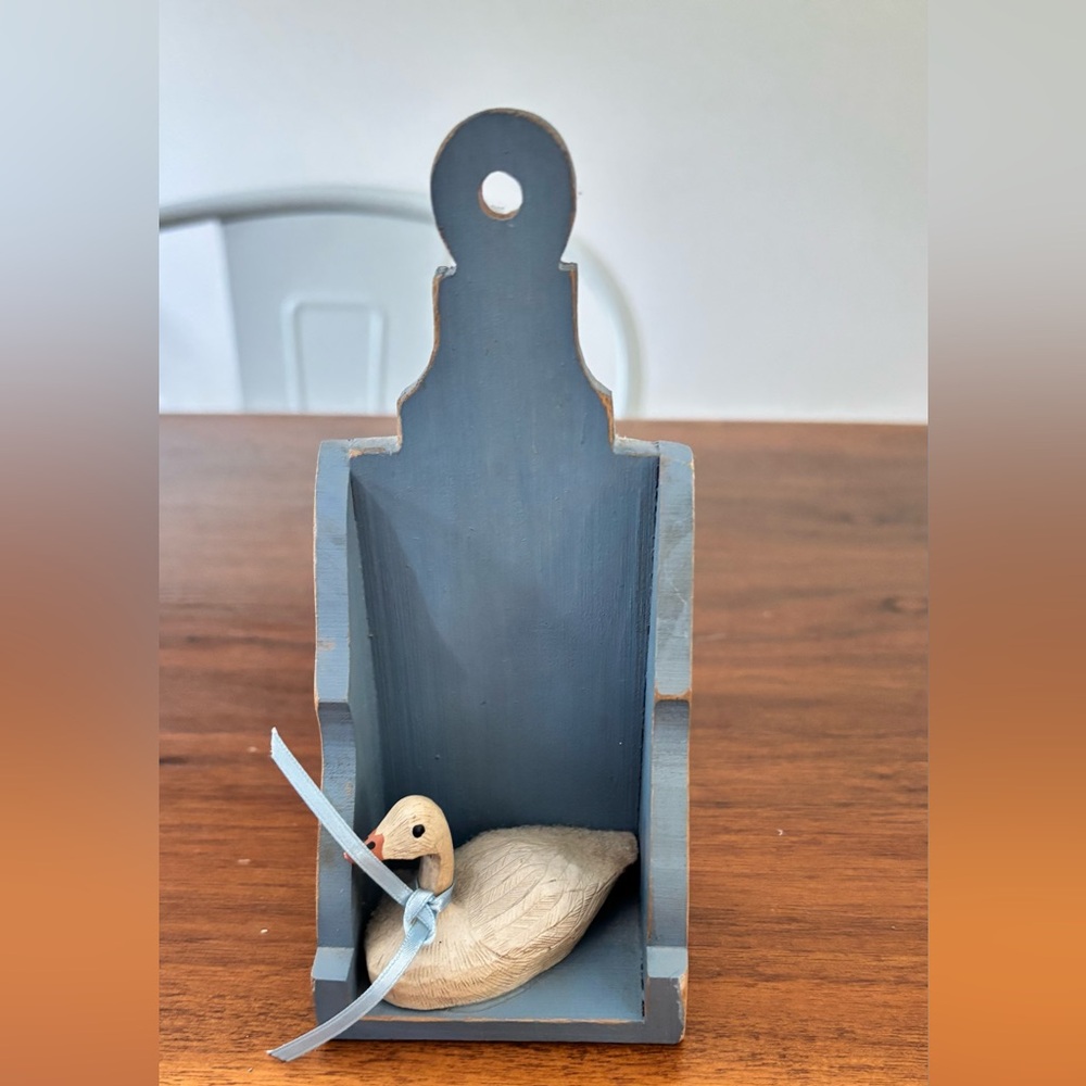 Handcrafted Wooden Duck Decor with Blue Holder